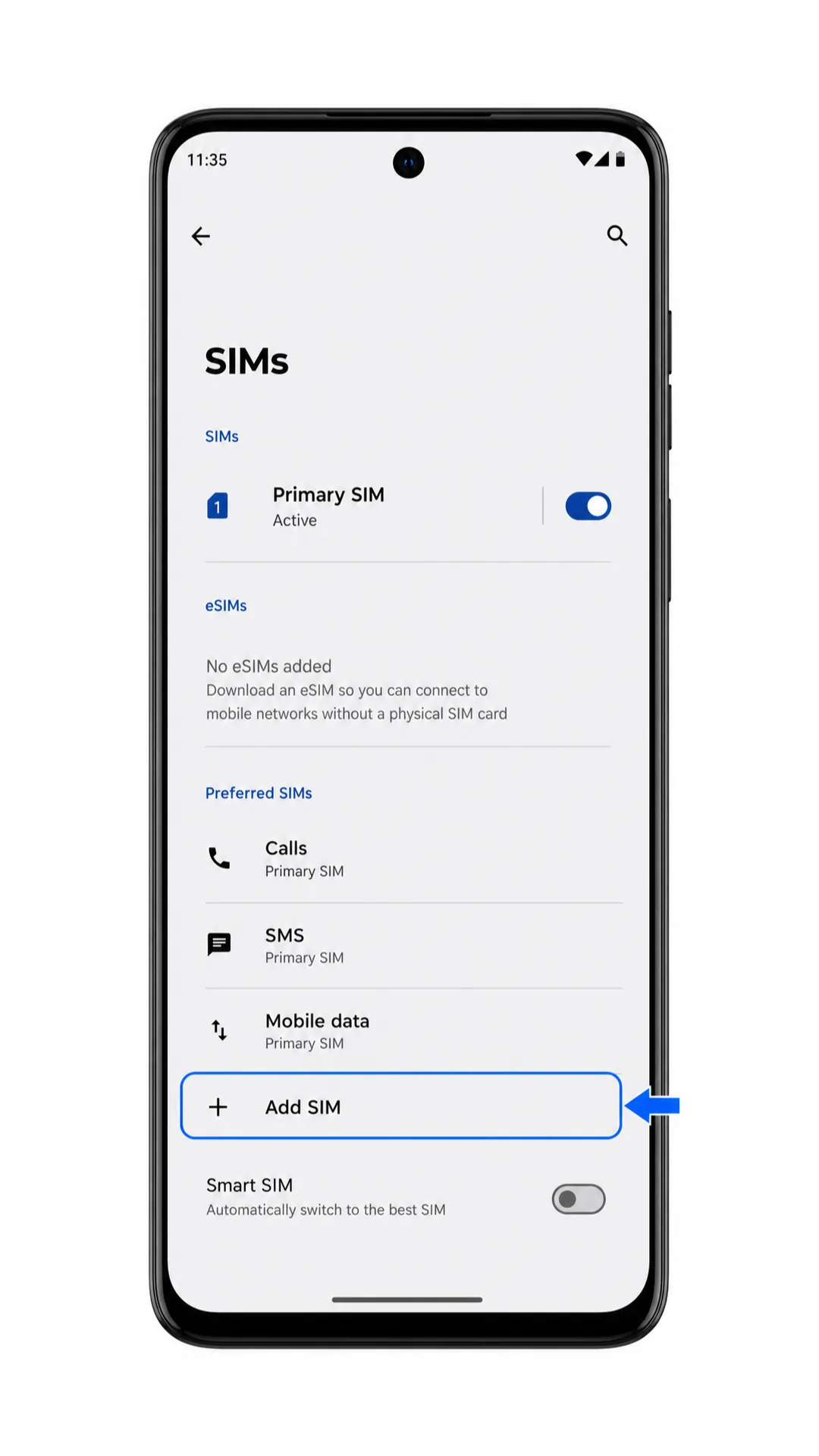 Moto G55 SIMs screen with Add SIM highlighted Moto G55 SIMs screen with Add SIM highlighted