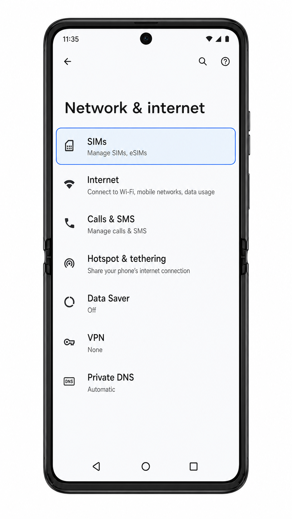 Motorola Razr 40 Step 3: SIMs highlighted under Network & internet