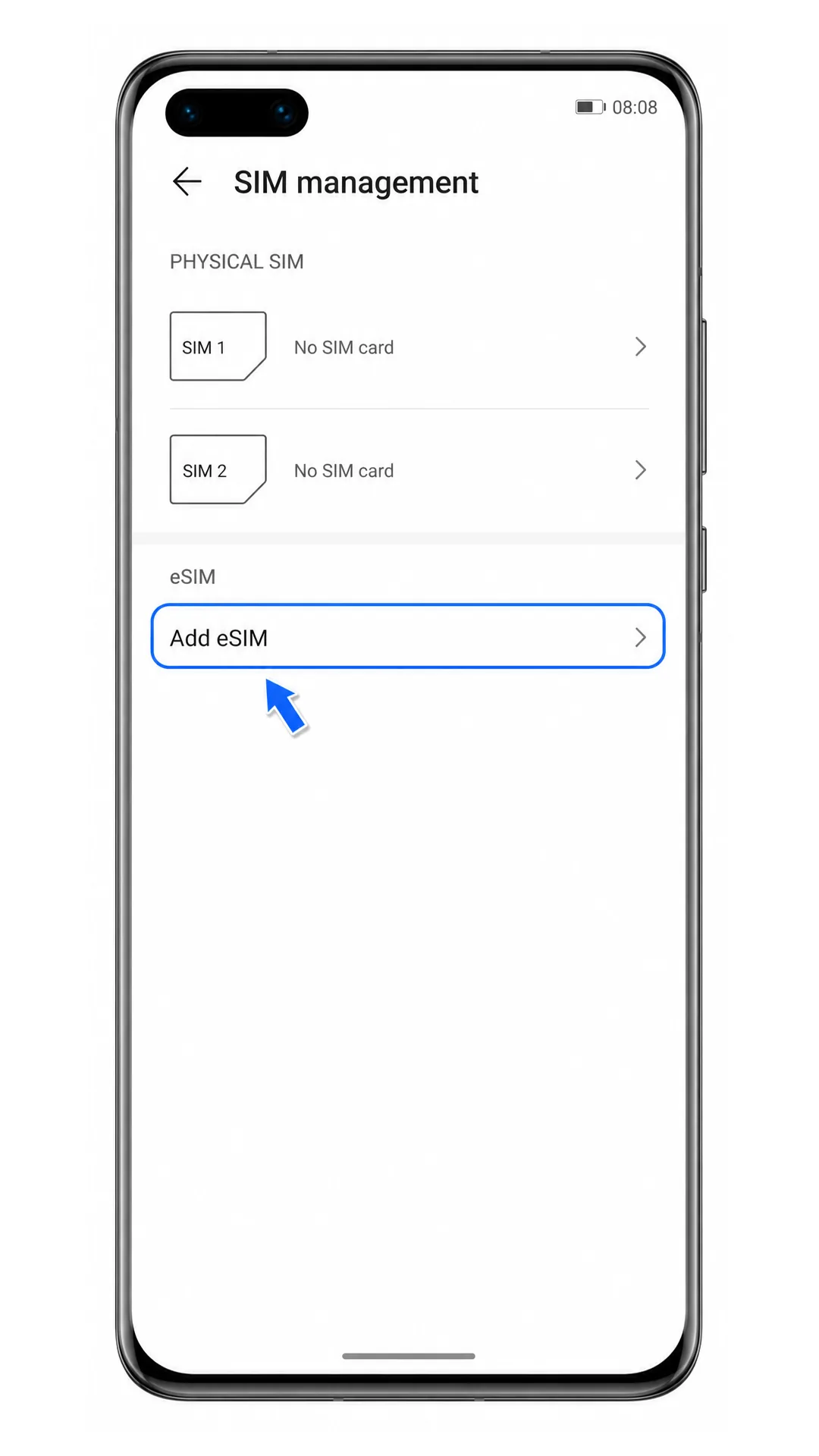 Huawei P40 Pro SIM management screen with Add eSIM highlighted
