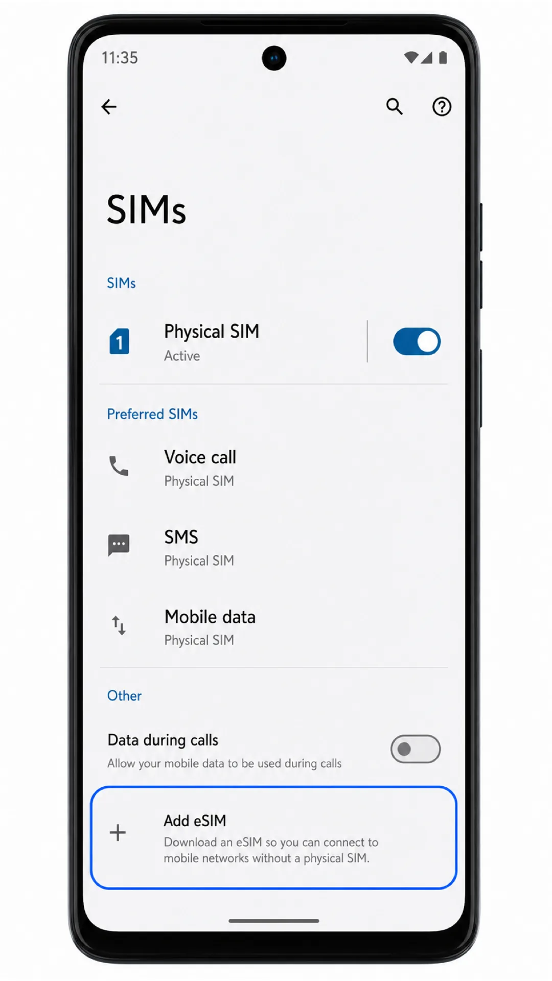 Moto G75 SIMs screen highlighting Add eSIM for iRoamly installation