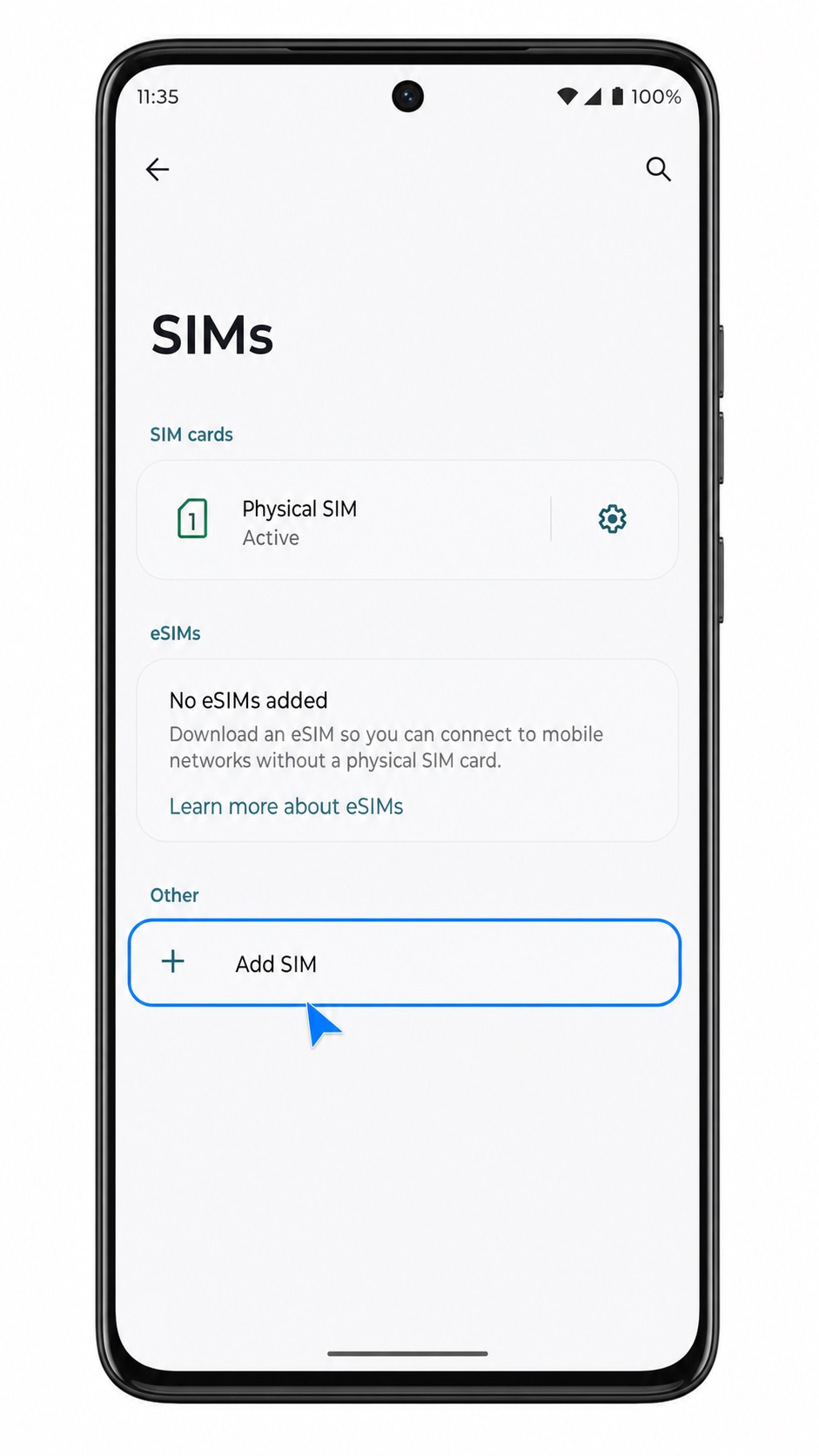 Motorola ThinkPhone 25 SIMs screen with Add SIM highlighted for iRoamly eSIM installation