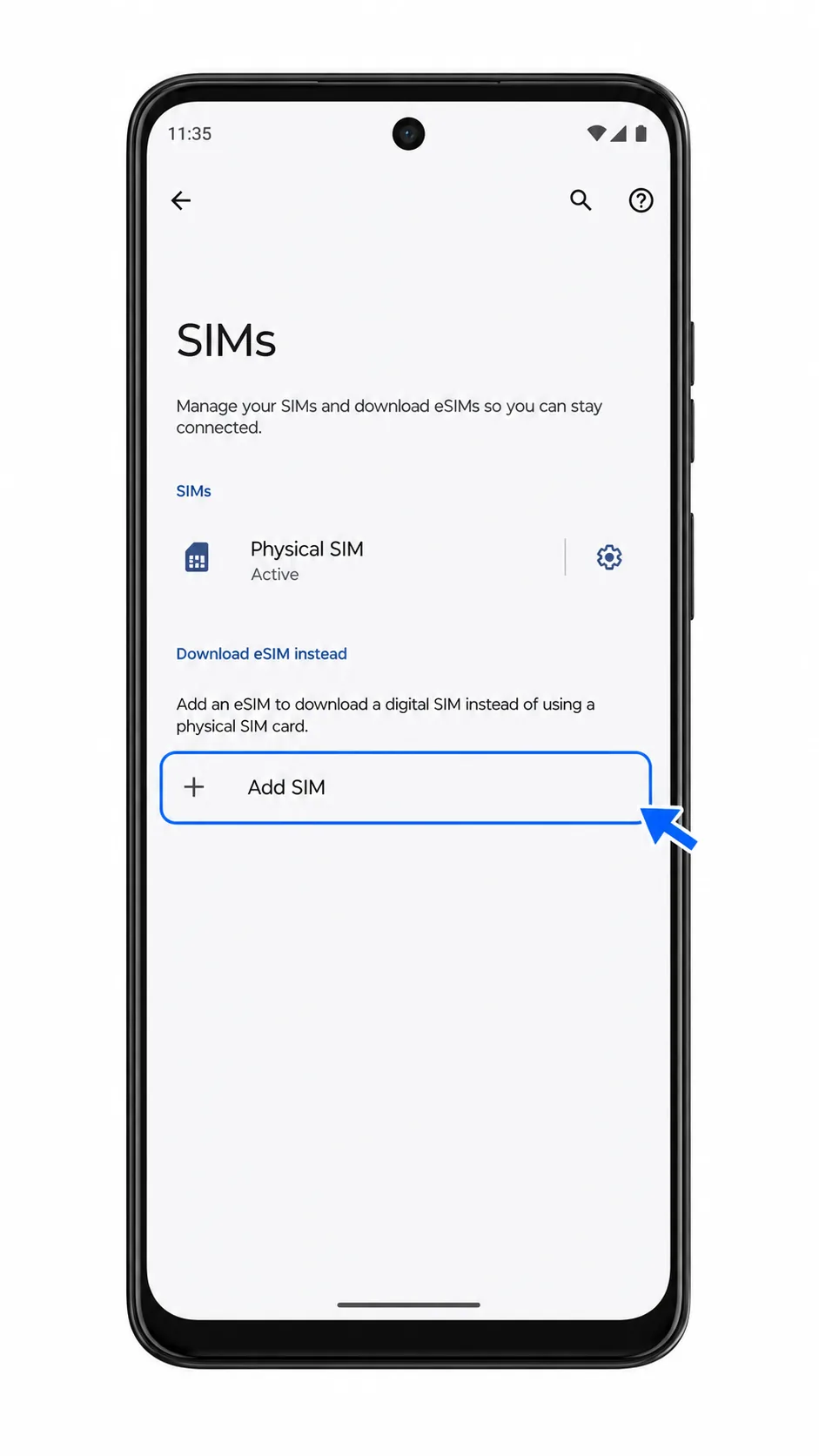 Moto G85 SIMs screen showing Add SIM highlighted for iRoamly eSIM setup