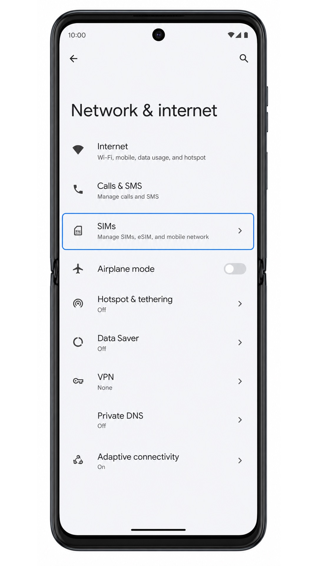 Motorola Razr 2022 Step 3: SIMs menu highlighted