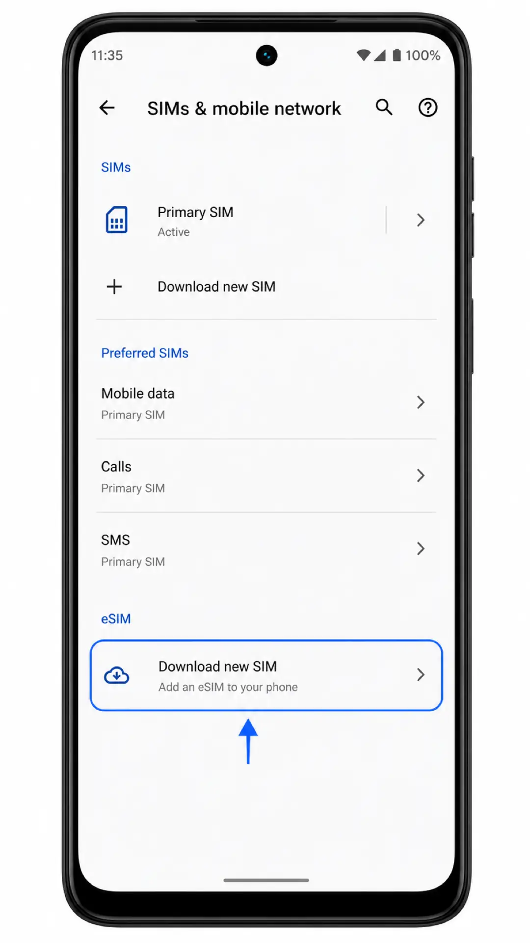 Moto G54 Power Step 3: SIMs & mobile network showing Download new SIM highlighted