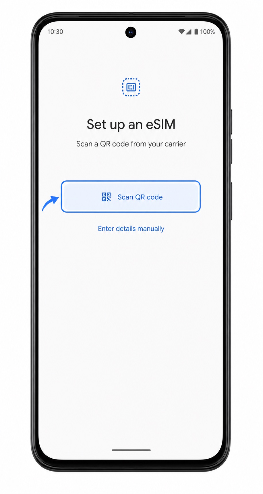 Motorola ThinkPhone 25 Set up an eSIM screen with Scan QR code highlighted for iRoamly