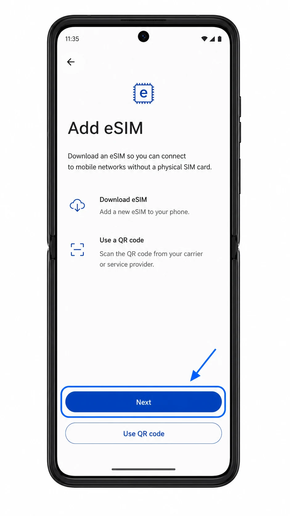 Motorola Razr 2025 Add eSIM setup page highlighted