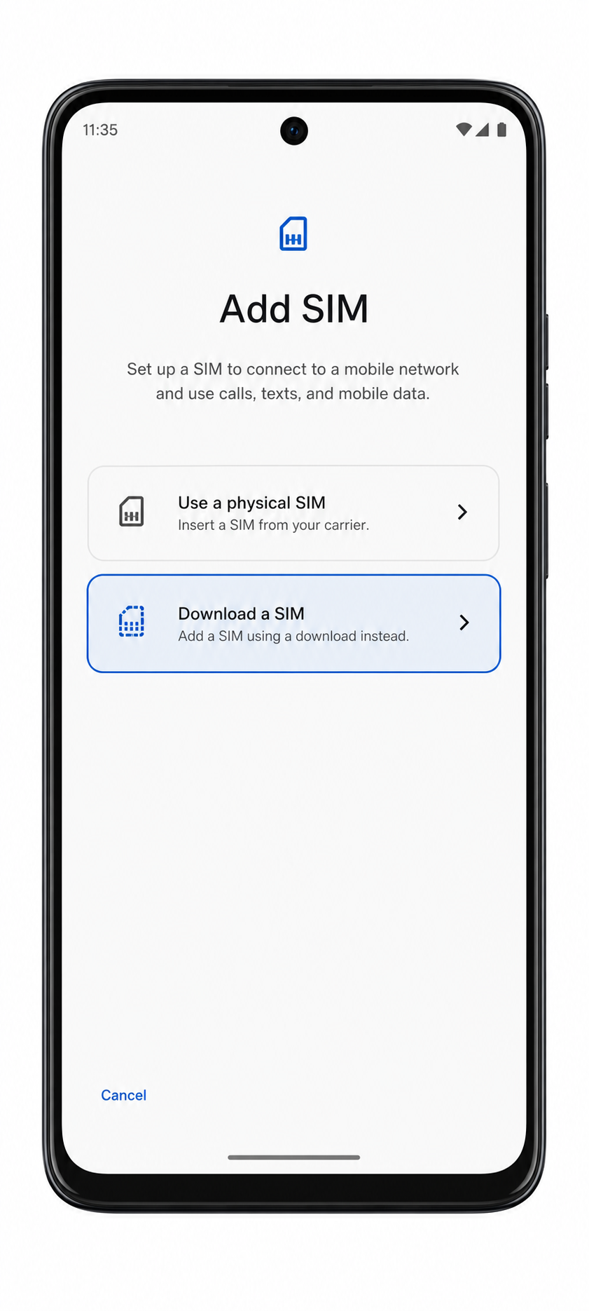 Edge Fusion Add SIM screen with Set up an eSIM highlighted for iRoamly installation
