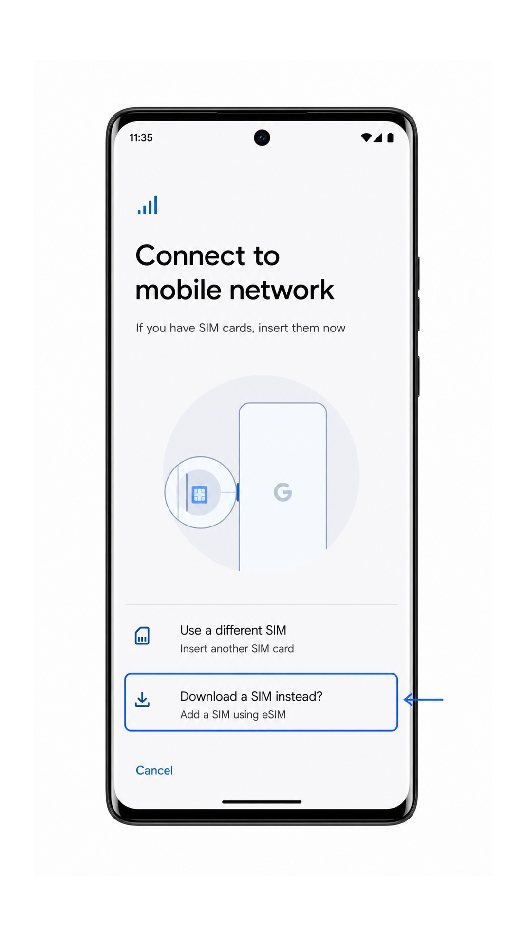 Motorola Edge 40 eSIM setup screen highlighting Download a SIM instead