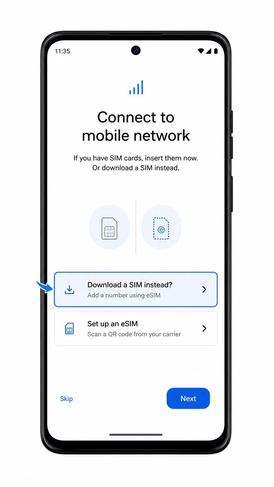 Moto G (2024) eSIM setup screen showing Download a SIM instead highlighted