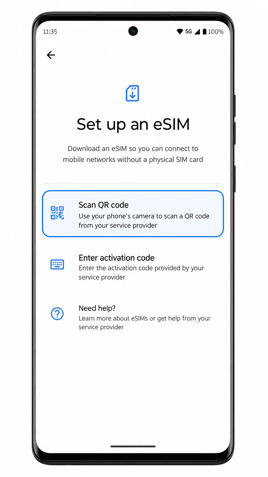 Moto G85 Set up an eSIM screen showing Scan QR code highlighted