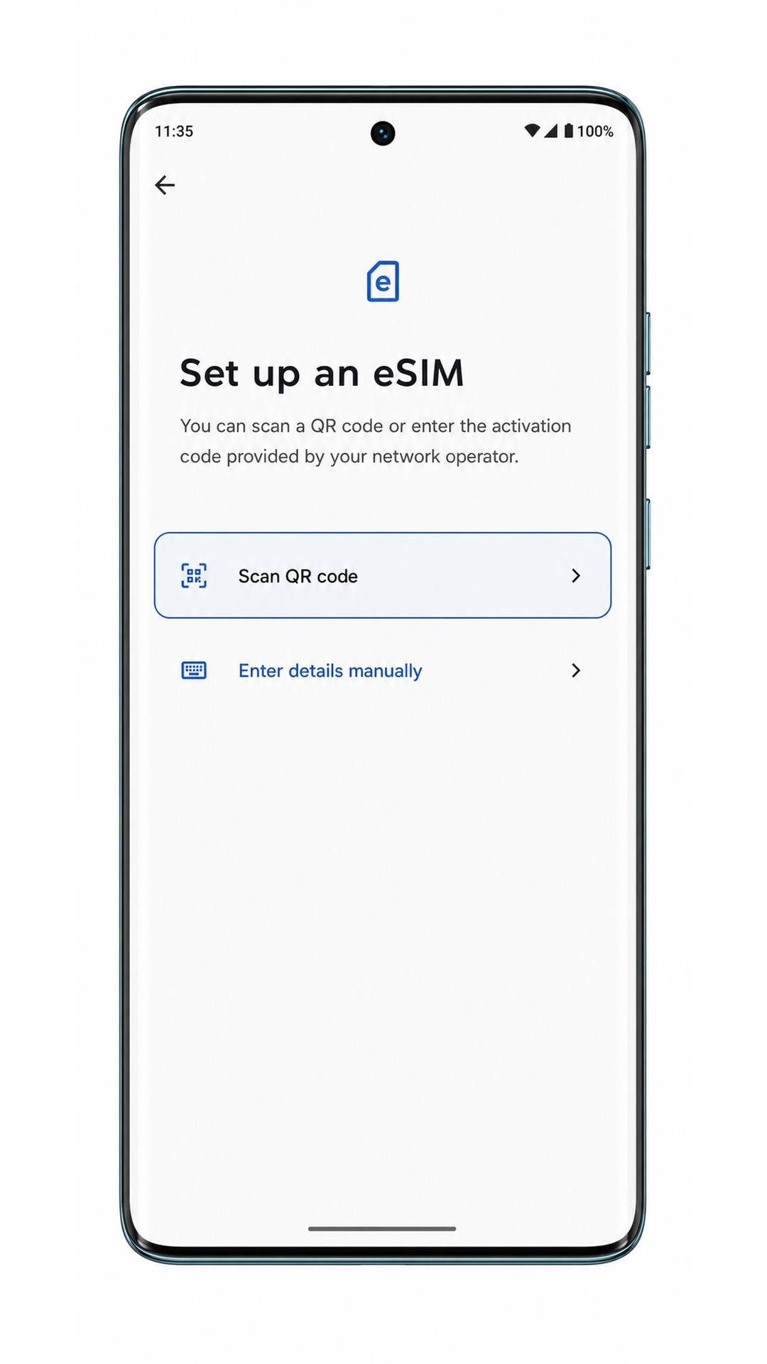 Motorola Edge 60 Pro Step 4: Set up an eSIM showing Scan QR code highlighted