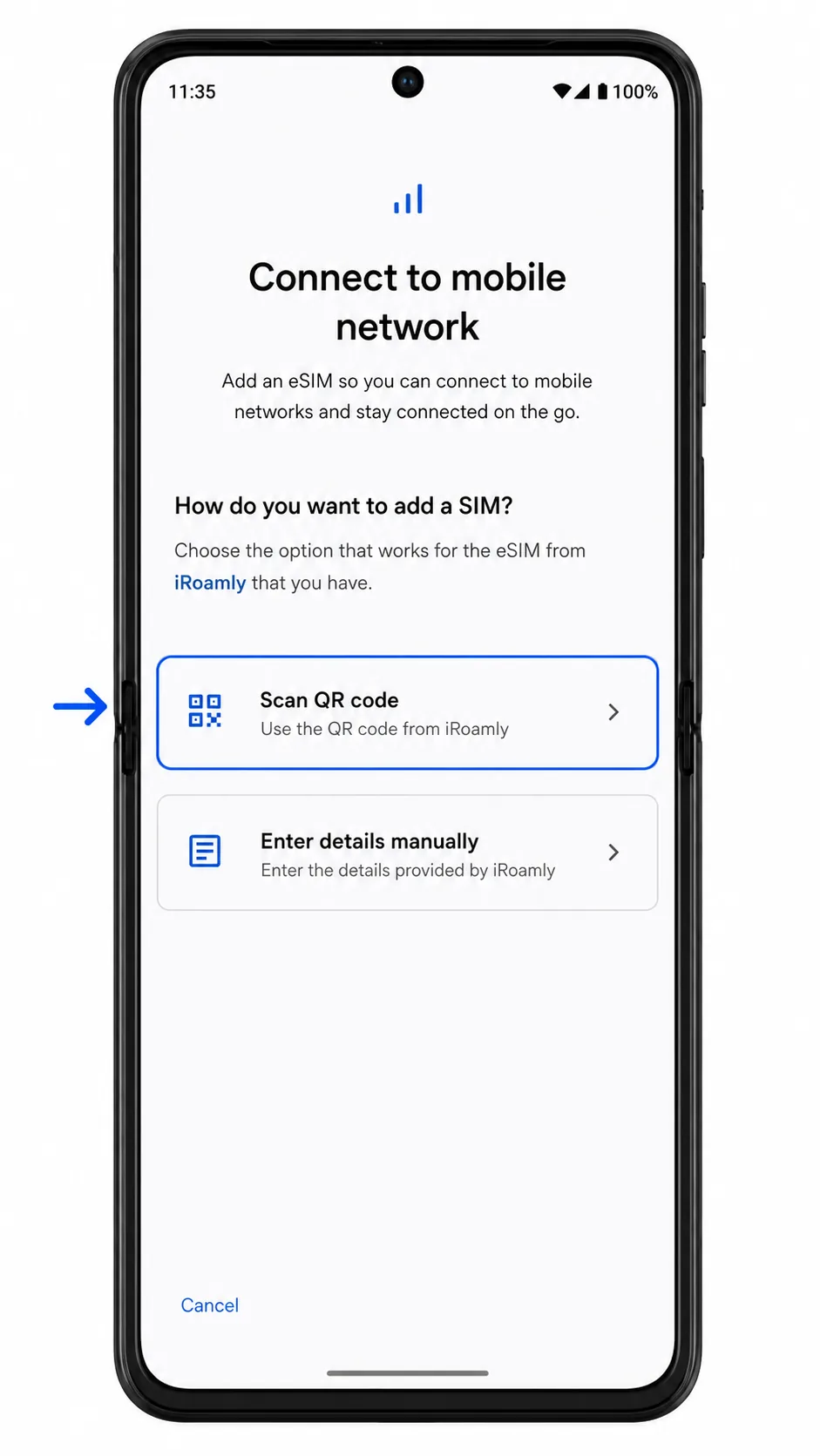 Motorola Edge 60 Stylus Step 4: Set up an eSIM showing Scan QR code highlighted