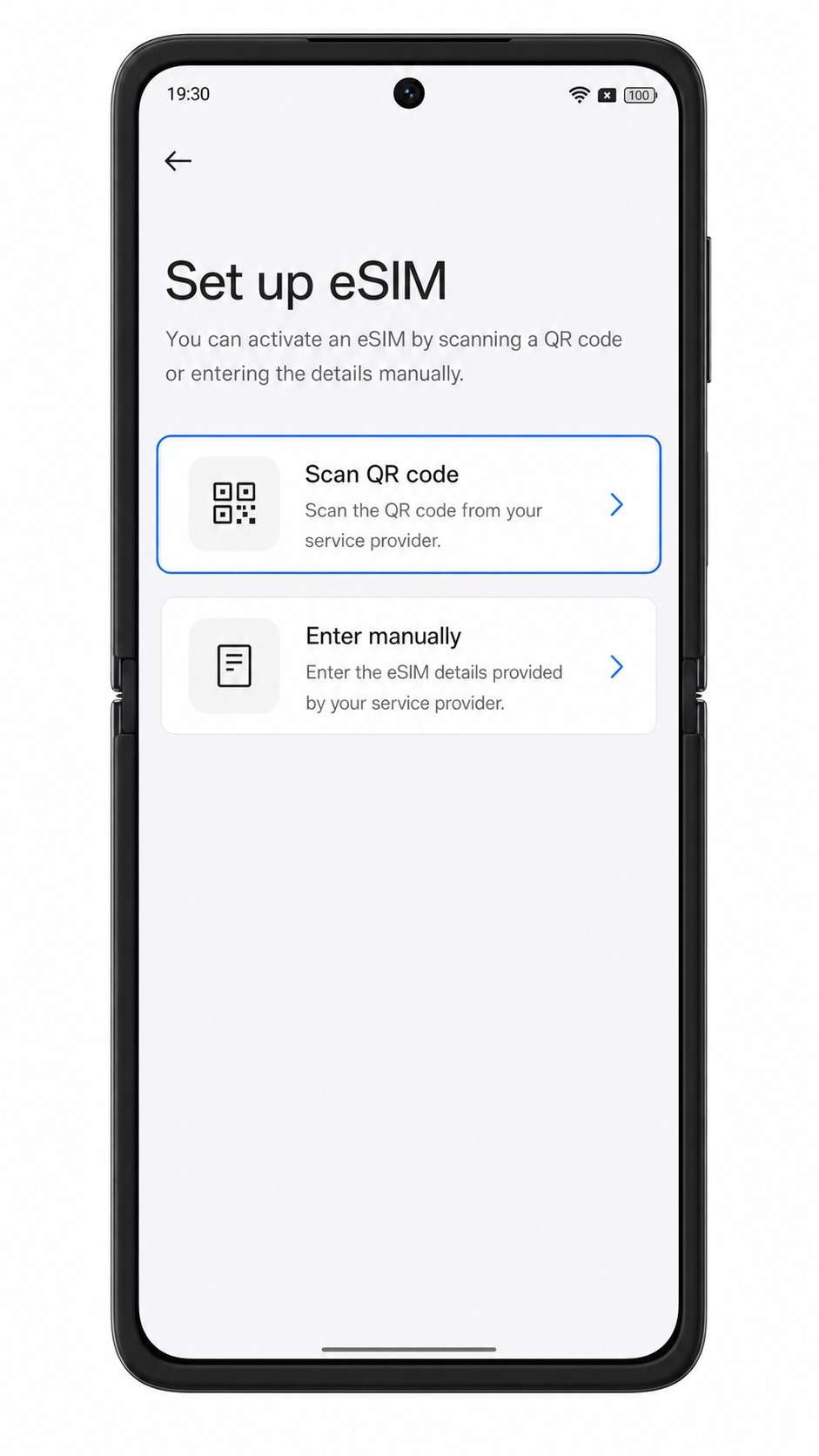 Oppo Find N2 Flip Add eSIM screen showing Scan QR code highlighted