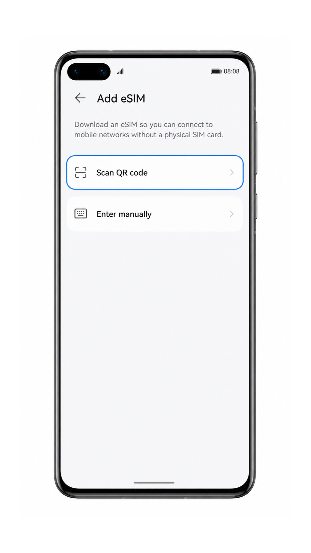 Huawei P40 Add eSIM screen with Scan QR code highlighted