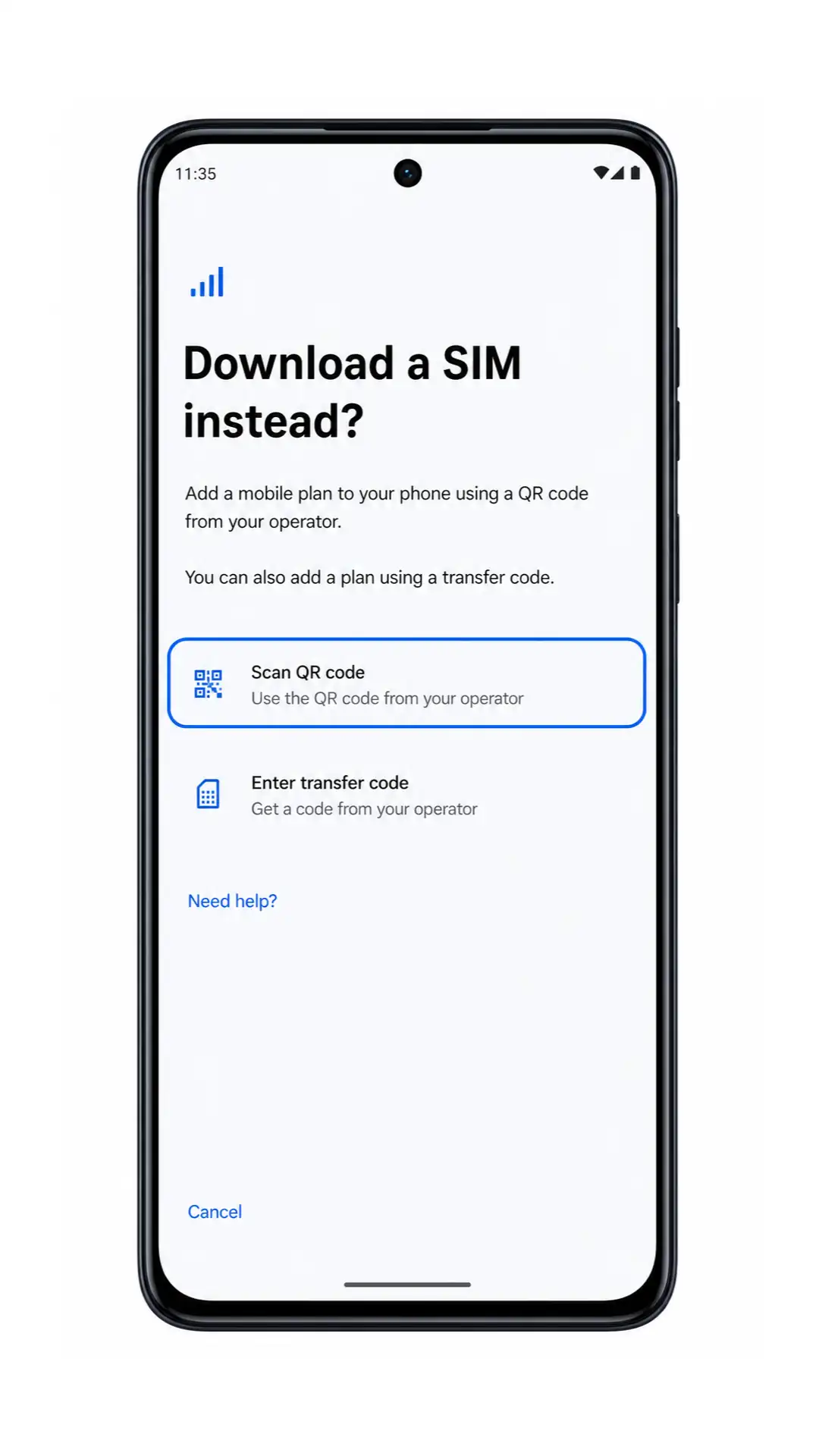 Moto G84 eSIM setup screen showing Scan QR code highlighted for iRoamly installation