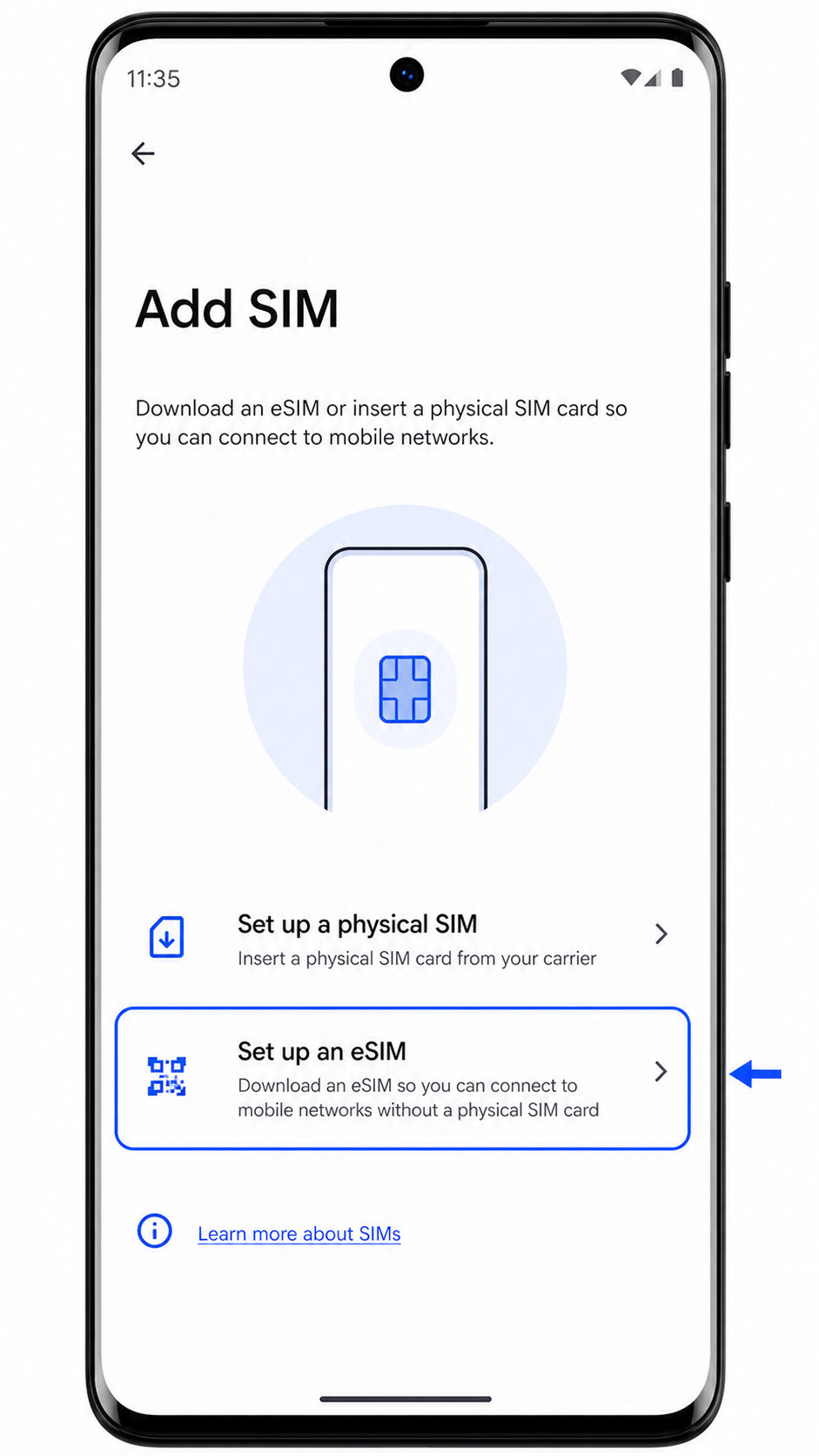 Motorola Edge 2023 Add SIM screen showing Set up an eSIM highlighted