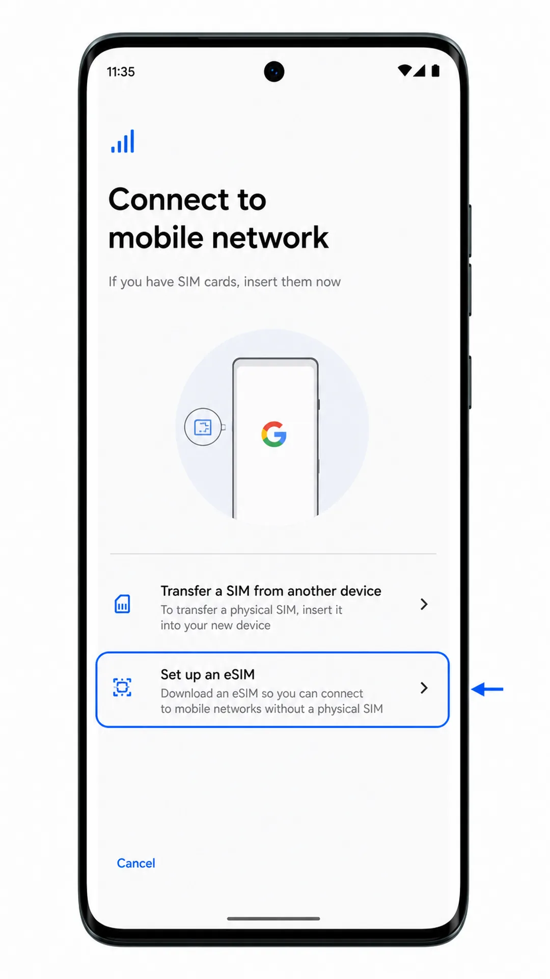 Schermata Aggiungi SIM di Motorola Edge 60 Fusion che mostra Configura una eSIM evidenziato