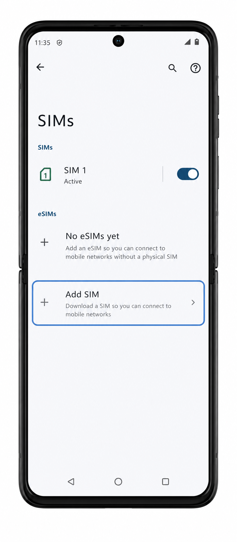 Motorola Razr 40 Step 4: Add SIM highlighted on the SIMs page