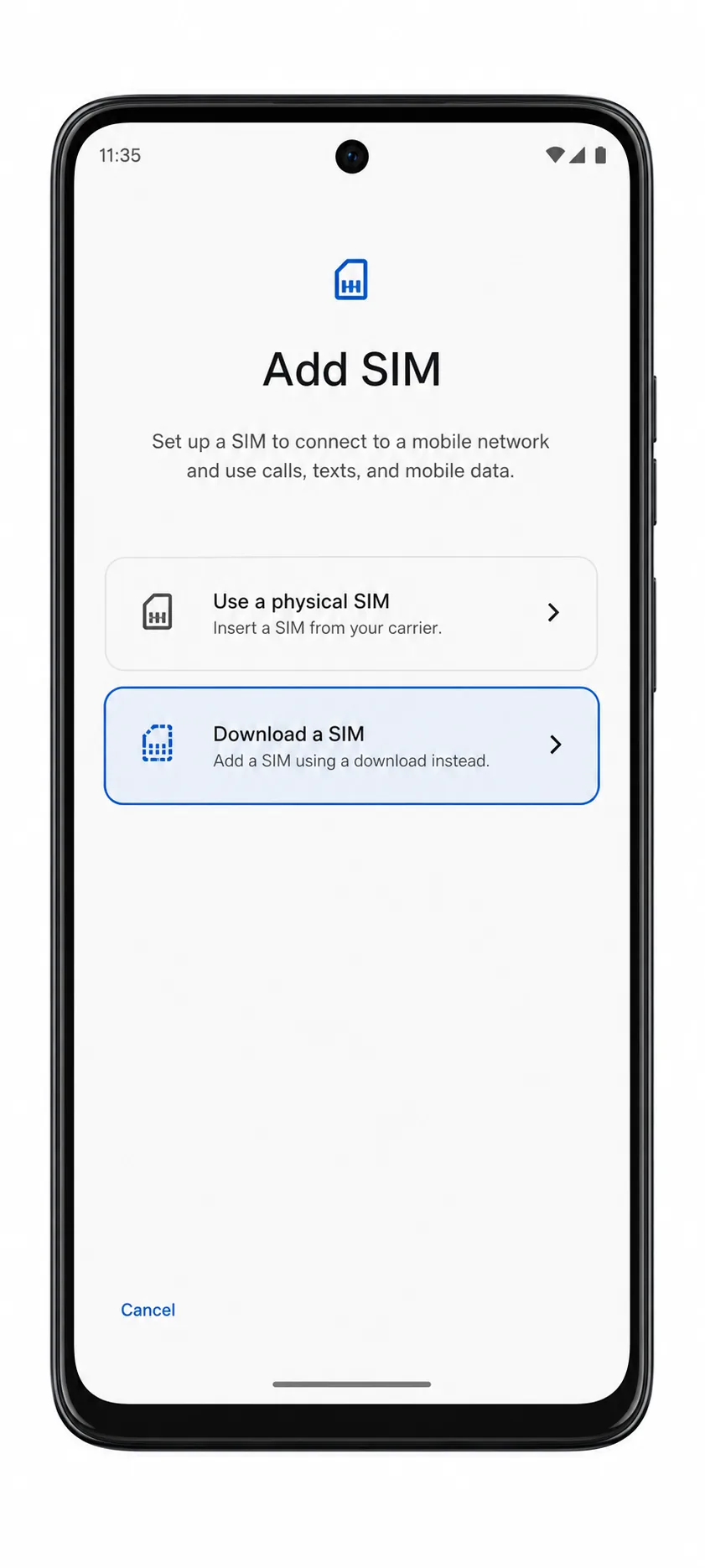 Moto G55 Add SIM screen with Set up an eSIM highlighted Moto G55 Add SIM screen with Set up an eSIM highlighted
