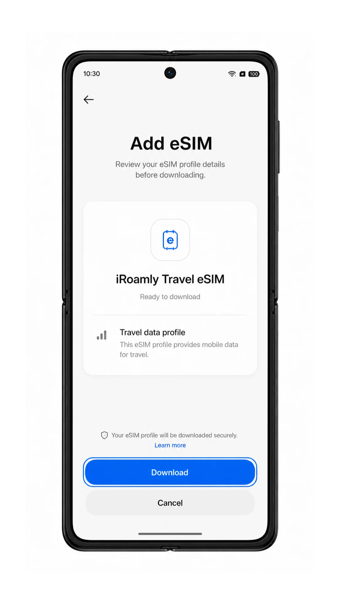 Oppo Find N3 eSIM profile download screen for iRoamly travel eSIM