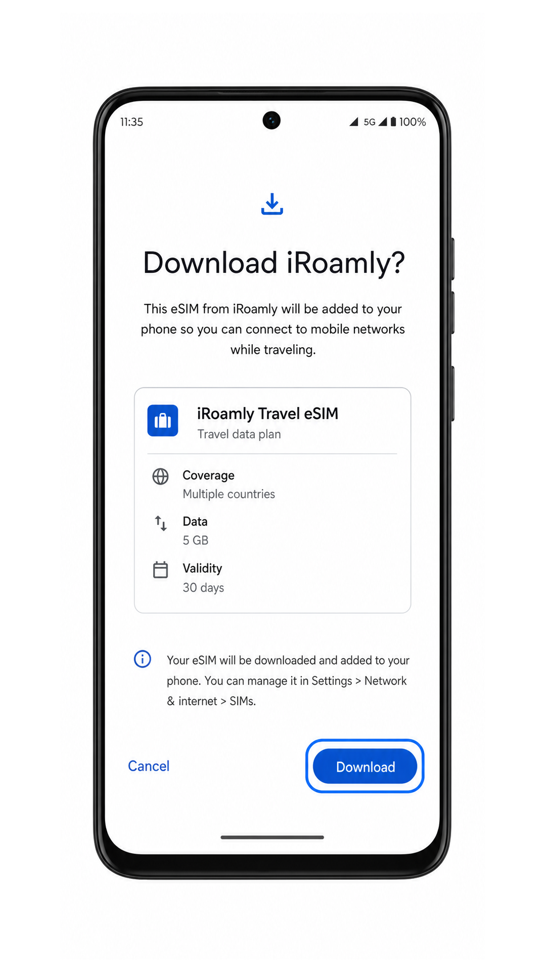 Moto G86 eSIM download prompt with Download highlighted for iRoamly travel eSIM