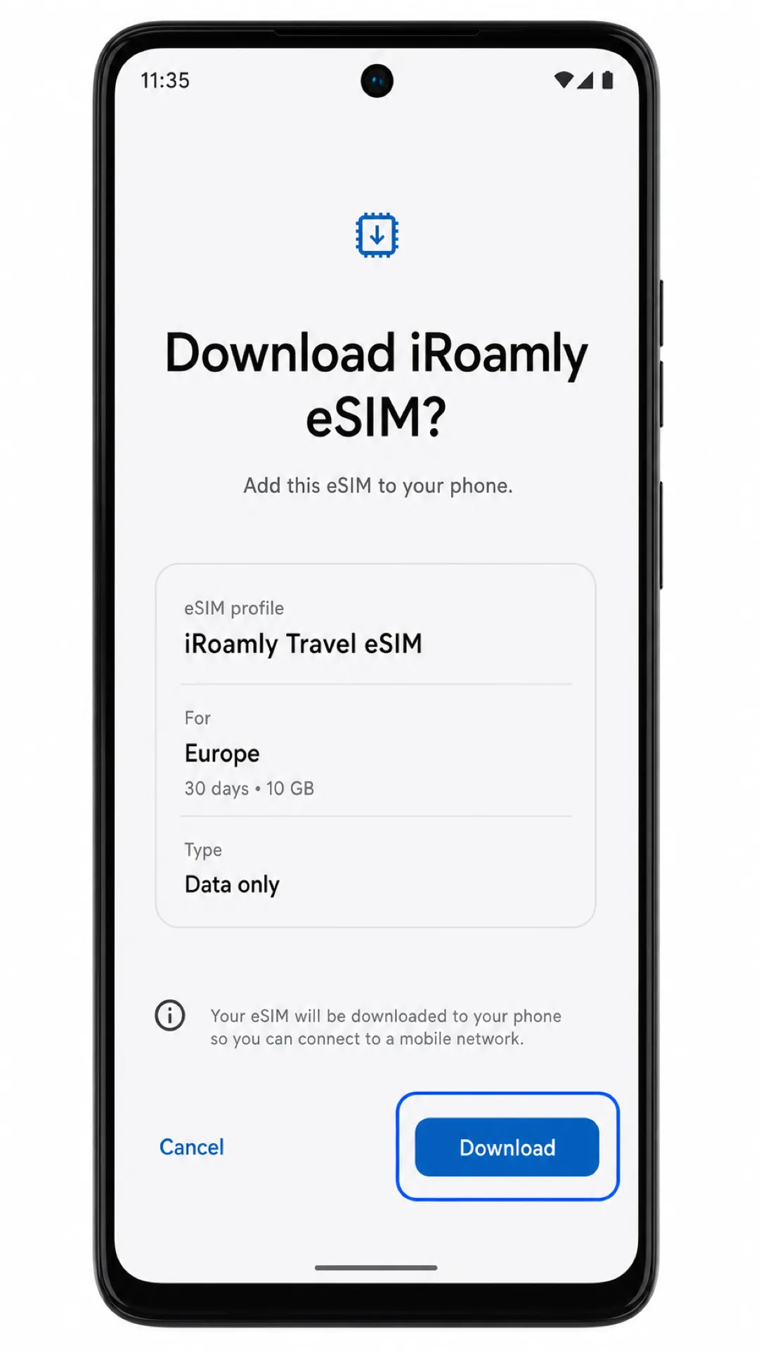 Moto G75 eSIM download screen highlighting Download for iRoamly travel eSIM