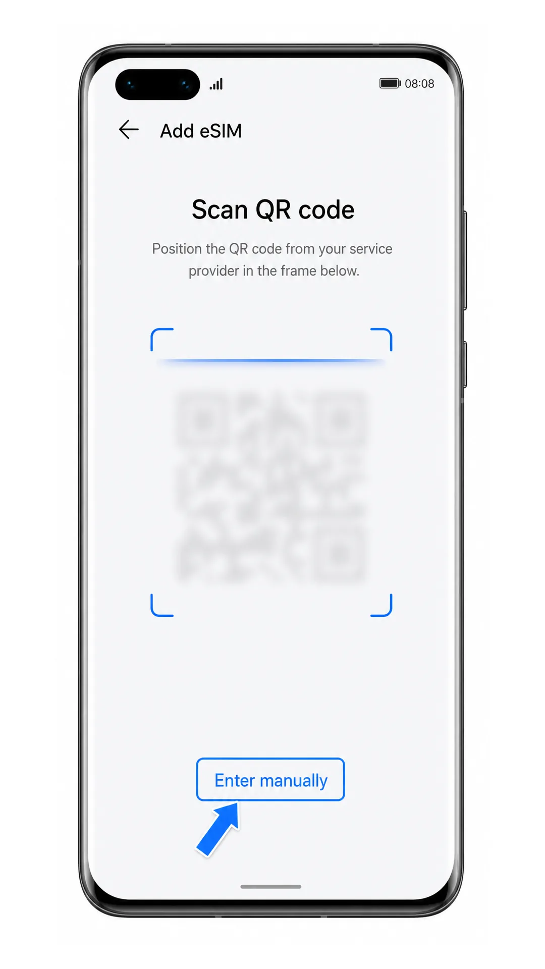 Huawei P40 Pro Add eSIM screen with Enter manually highlighted