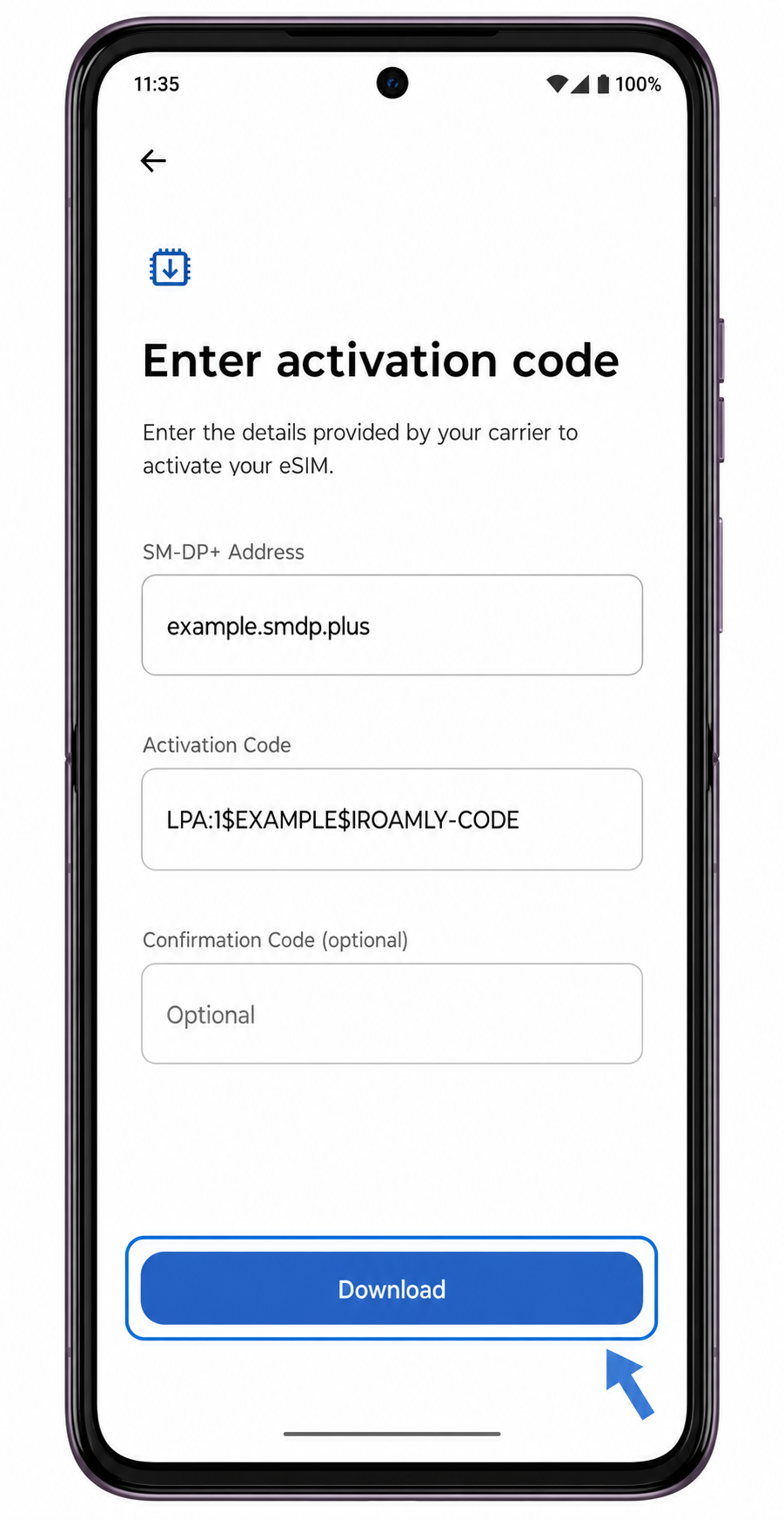 Motorola Razr+ 2024 manual eSIM entry screen with SM-DP+ Address and Activation Code fields