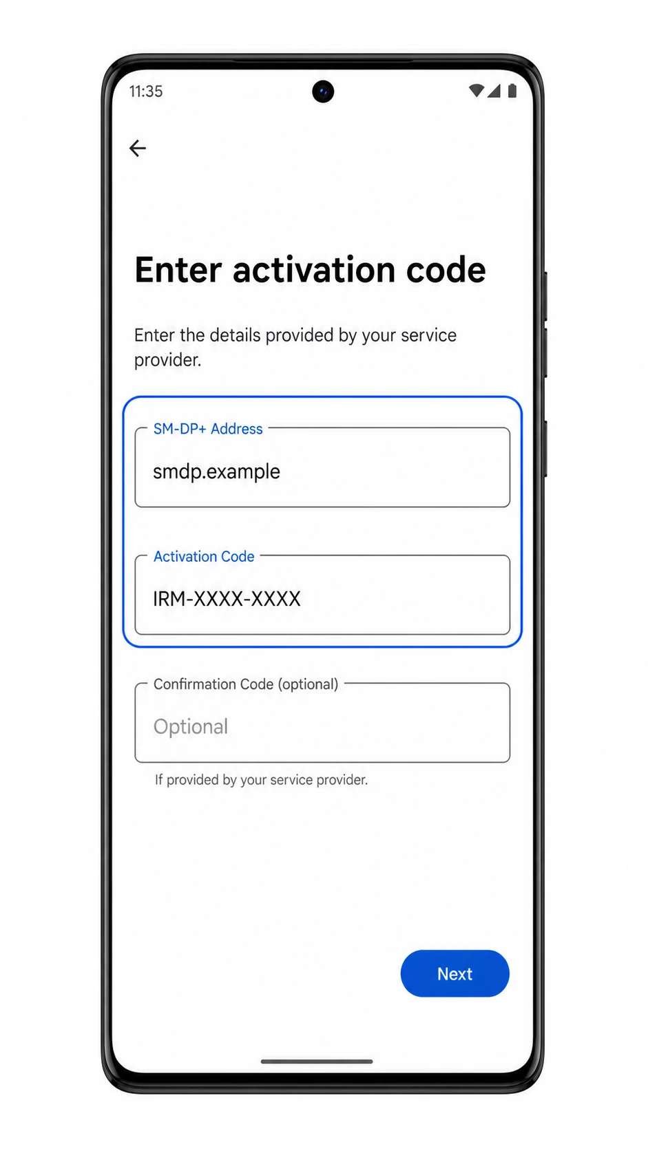Motorola Edge 40 Pro manual eSIM entry screen showing SM-DP+ Address and Activation Code fields