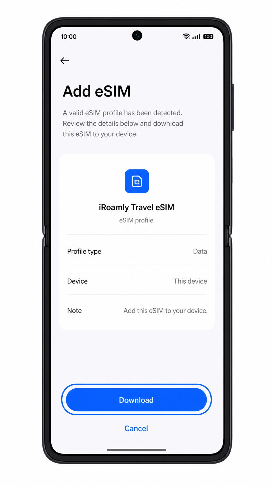 Oppo Find N2 Flip eSIM download confirmation screen for iRoamly travel eSIM