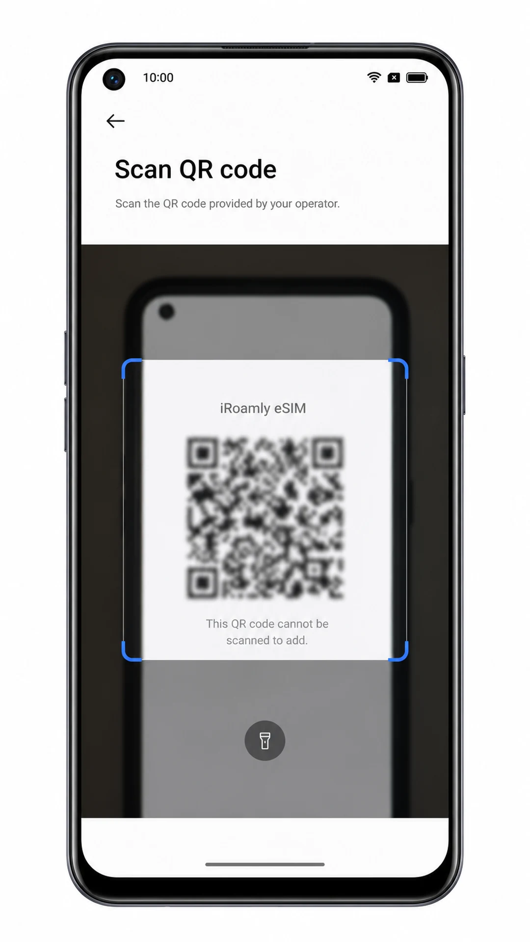 Oppo Reno 5A QR scanner framing an iRoamly eSIM code placeholder