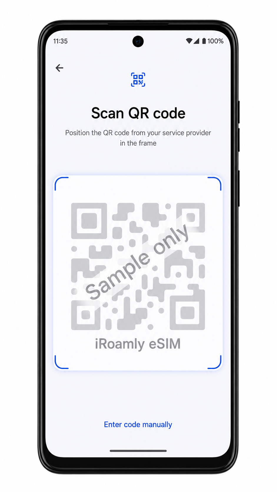Moto G Power 5G (2024) QR scanner screen for iRoamly eSIM installation