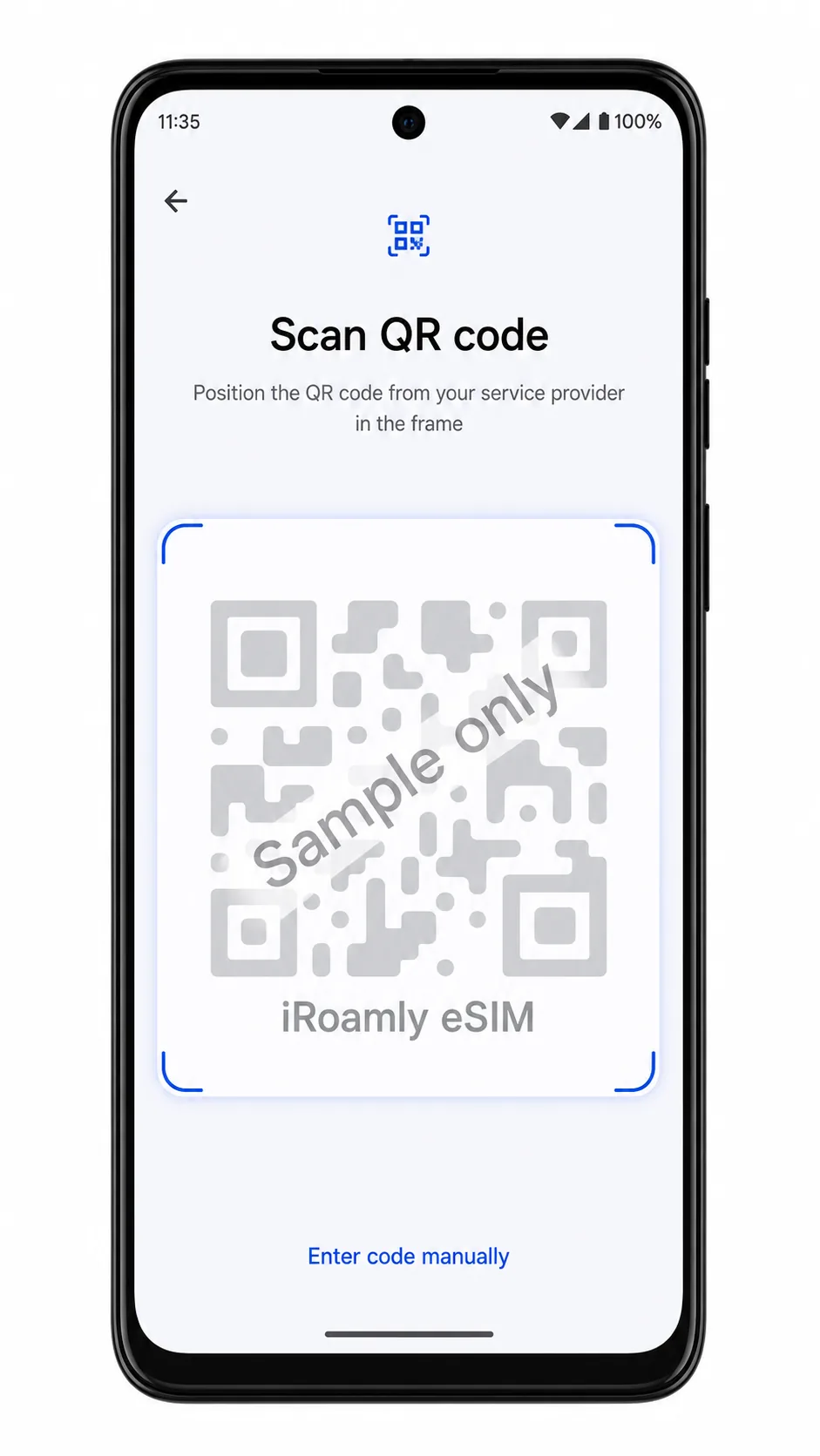 Moto G84 QR scanner screen showing iRoamly eSIM QR code scanning area