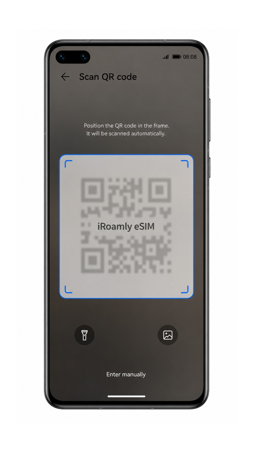 Huawei P40 QR scanner screen for iRoamly eSIM setup