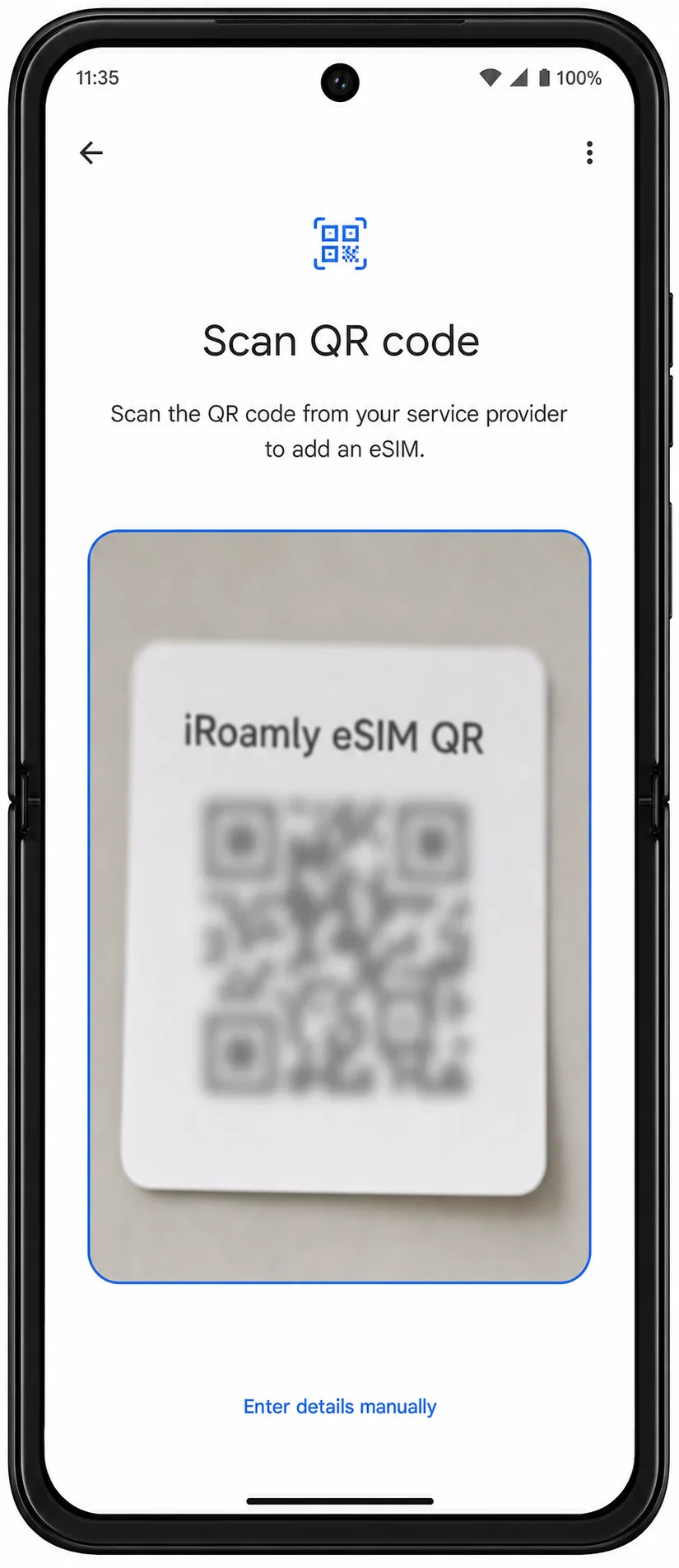 Motorola Razr 50 Ultra QR scanner screen for iRoamly eSIM installation