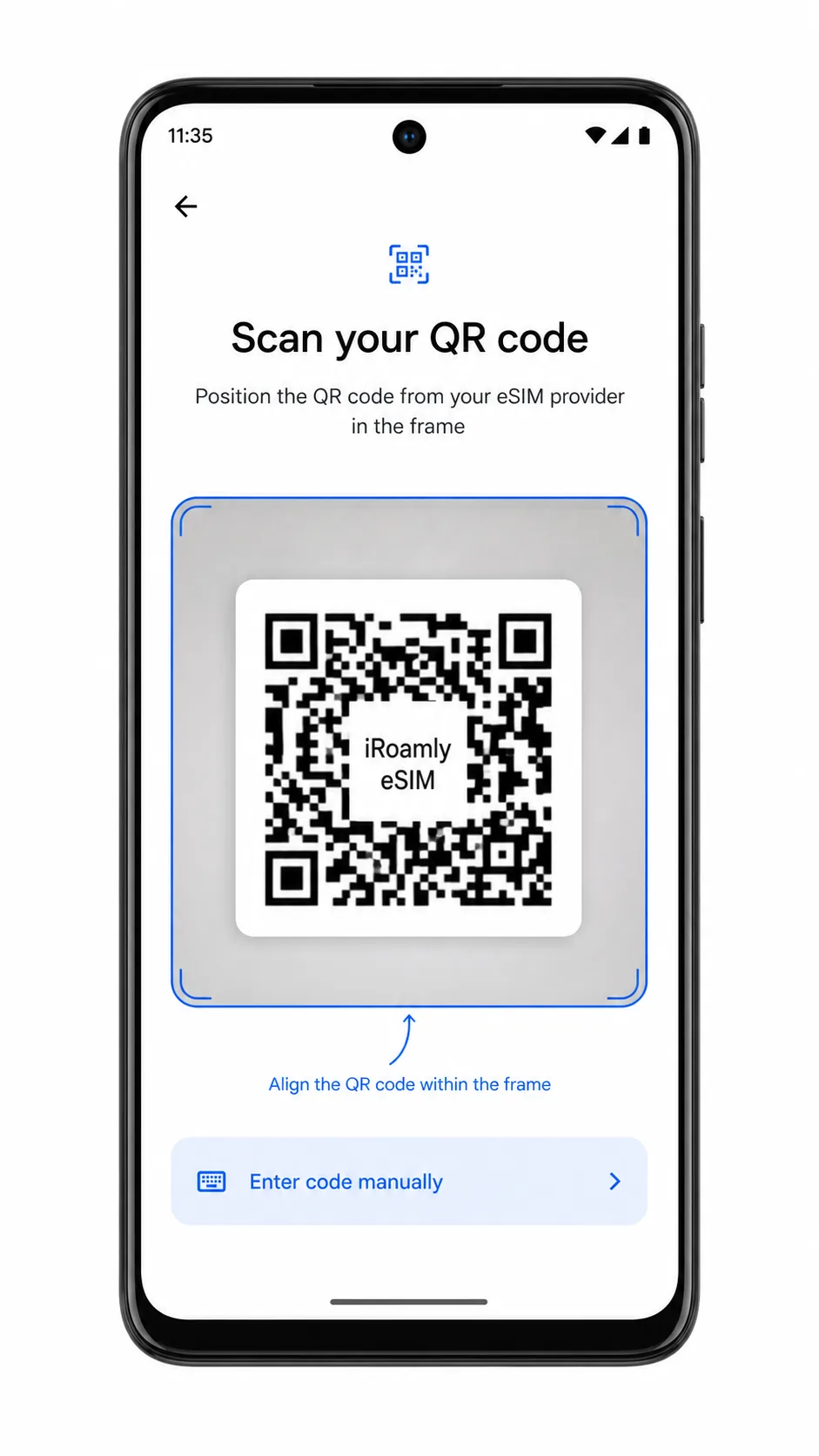 Moto G (2024) eSIM QR scanner for installing an iRoamly travel eSIM