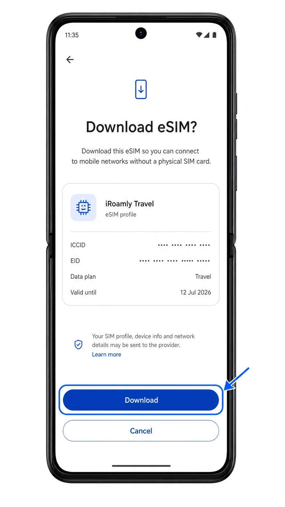Motorola Razr 2025 eSIM download confirmation screen