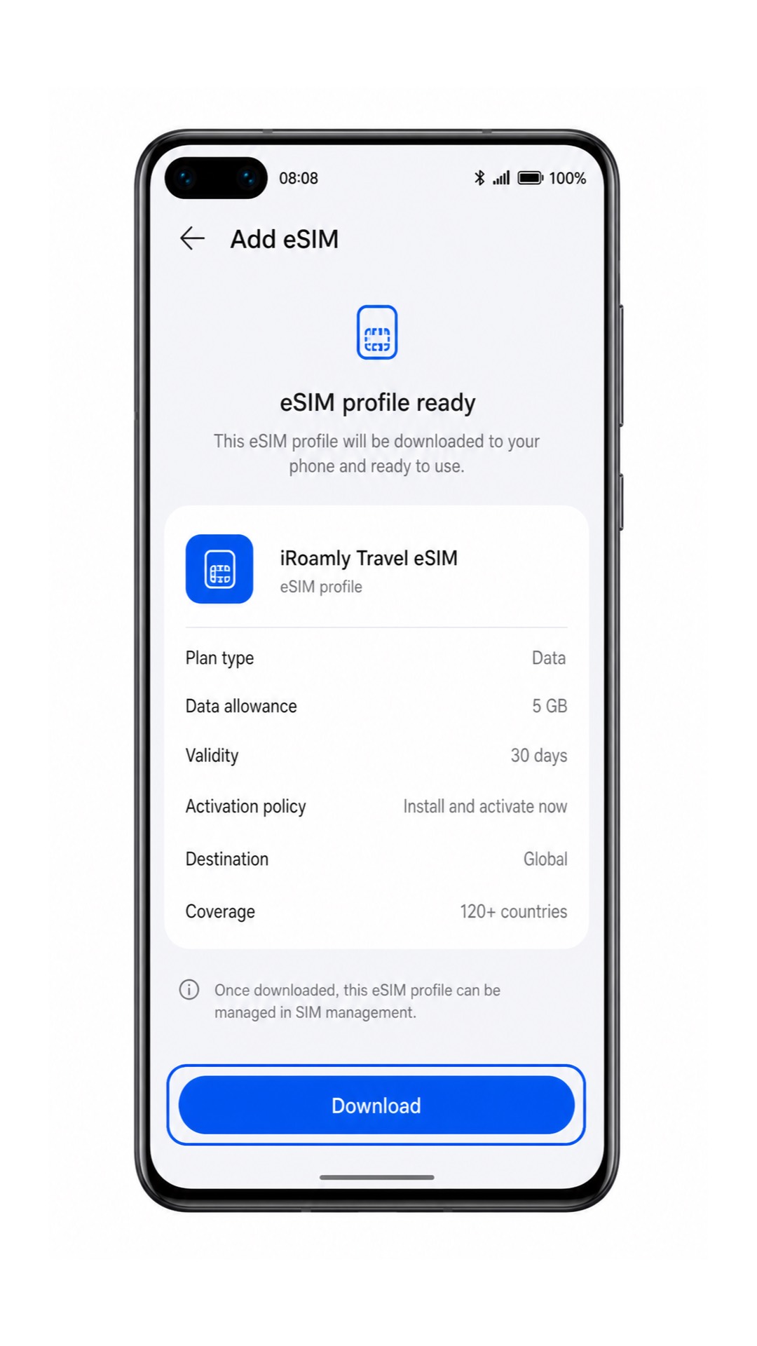 Huawei P40 eSIM profile confirmation screen with Add highlighted