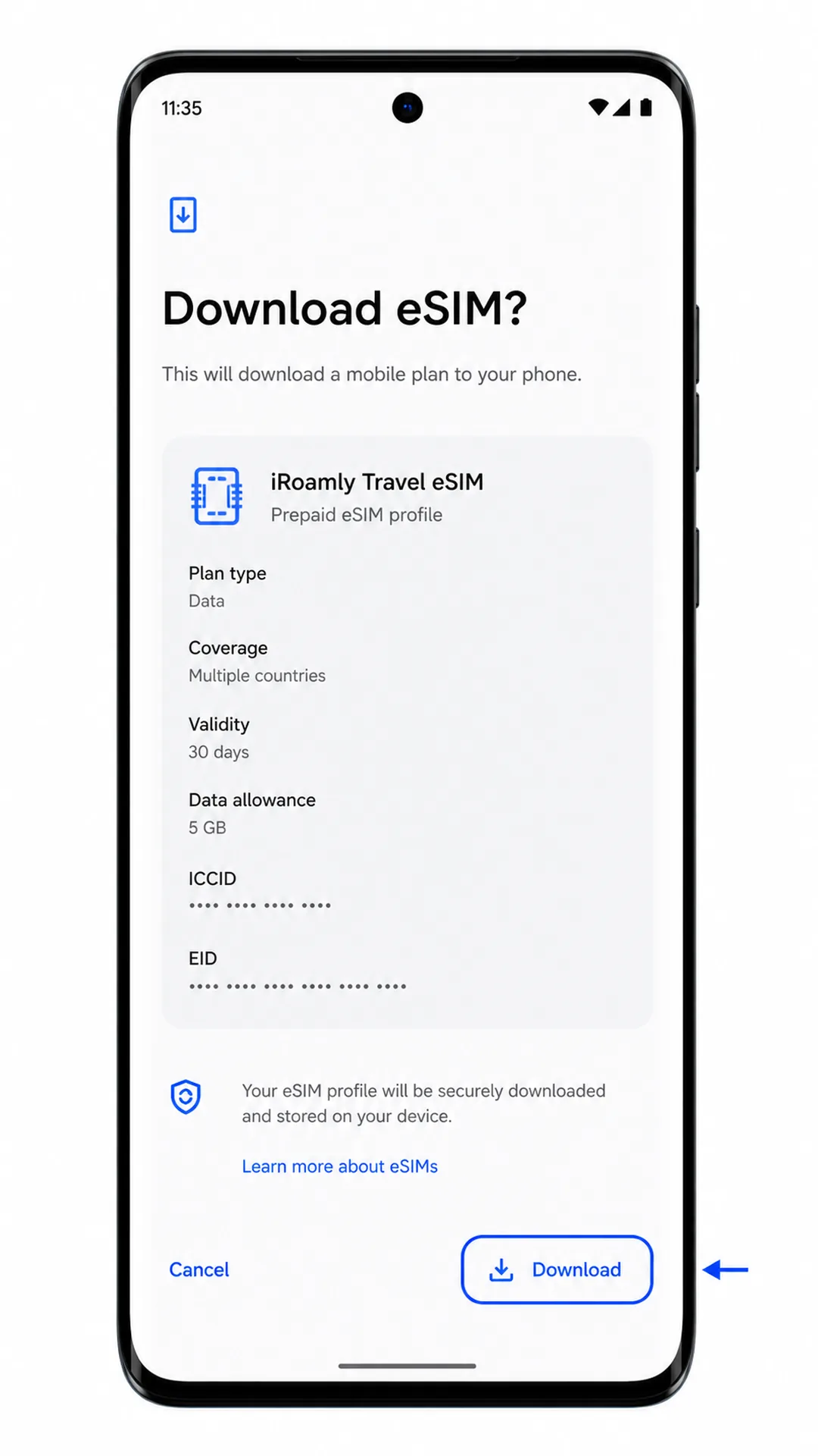 Motorola Edge Step 6: Download iRoamly eSIM