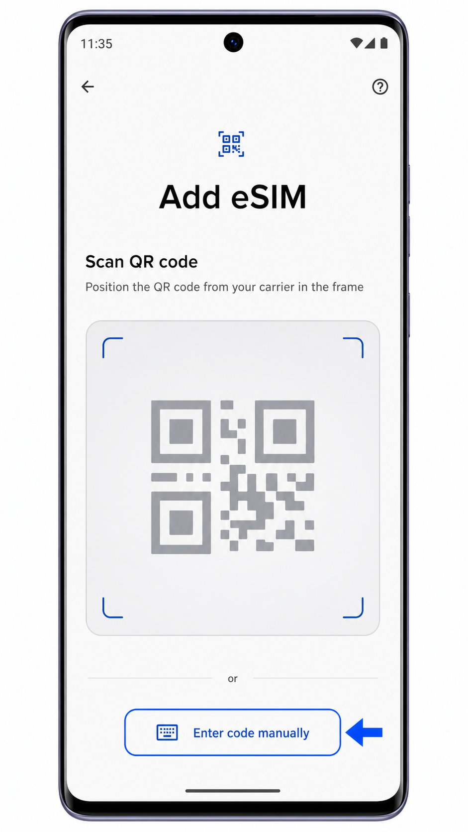 Motorola Edge 50 Add eSIM screen with Enter code manually highlighted