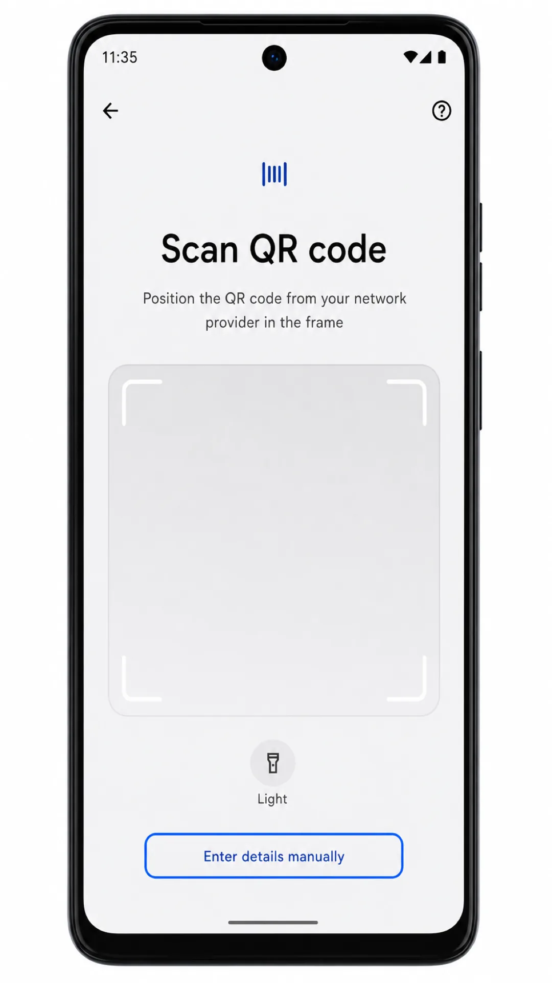 Moto G75 QR scanner screen highlighting Enter details manually for iRoamly eSIM setup