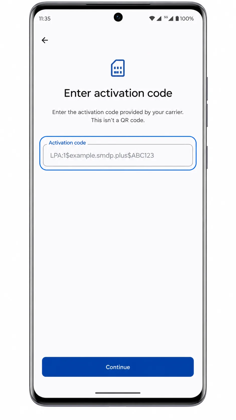 Moto G85 manual eSIM screen showing the Activation code field for iRoamly setup