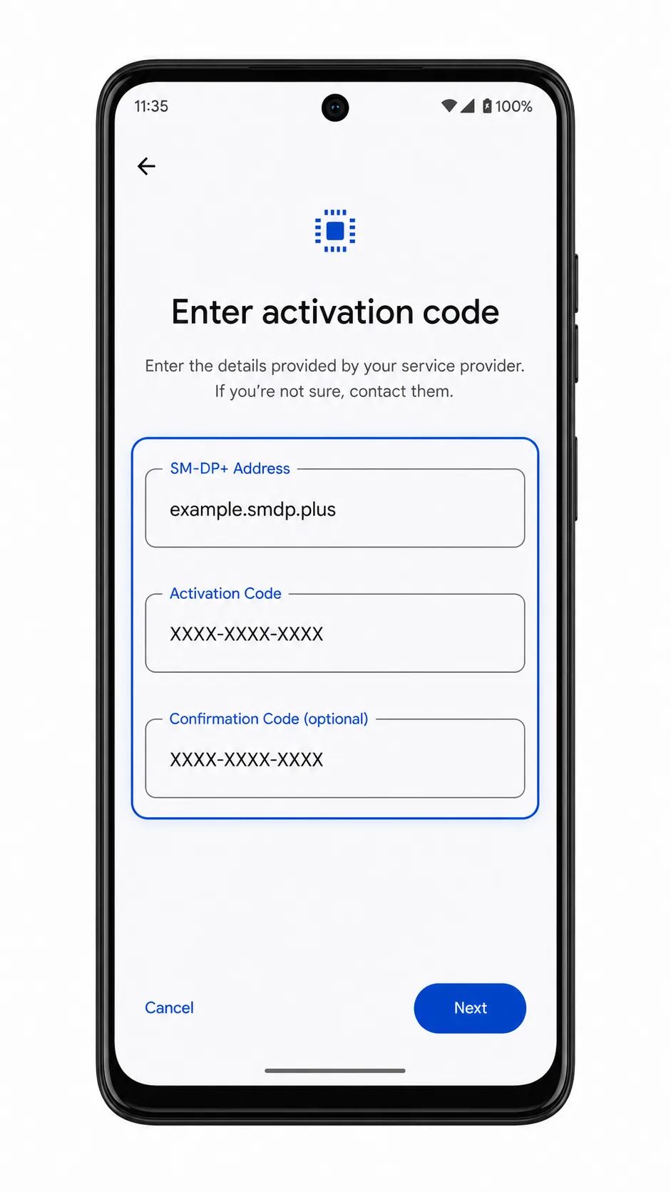 Edge+ manual eSIM activation fields for SM-DP+ Address and Activation Code