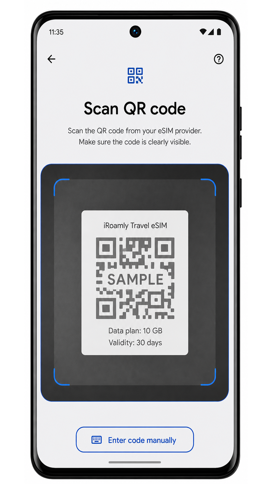 Motorola Edge 40 Neo QR scanner screen with Enter code manually highlighted