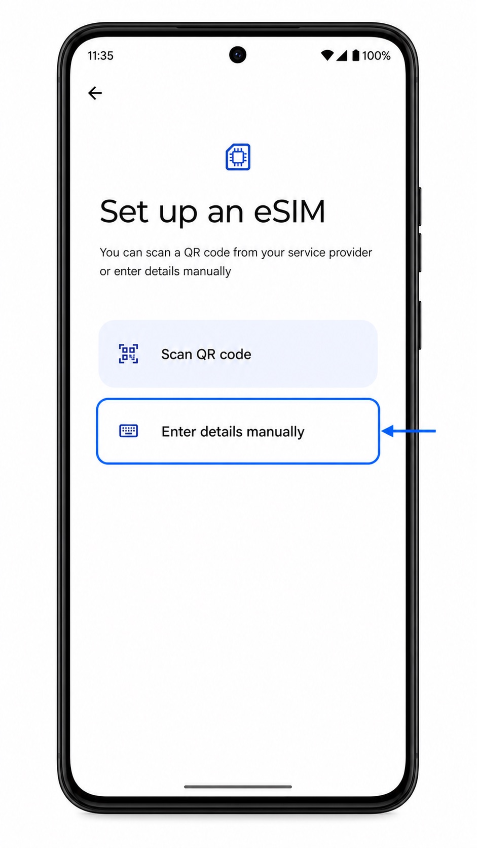 Motorola ThinkPhone 25 eSIM setup screen with Enter details manually highlighted