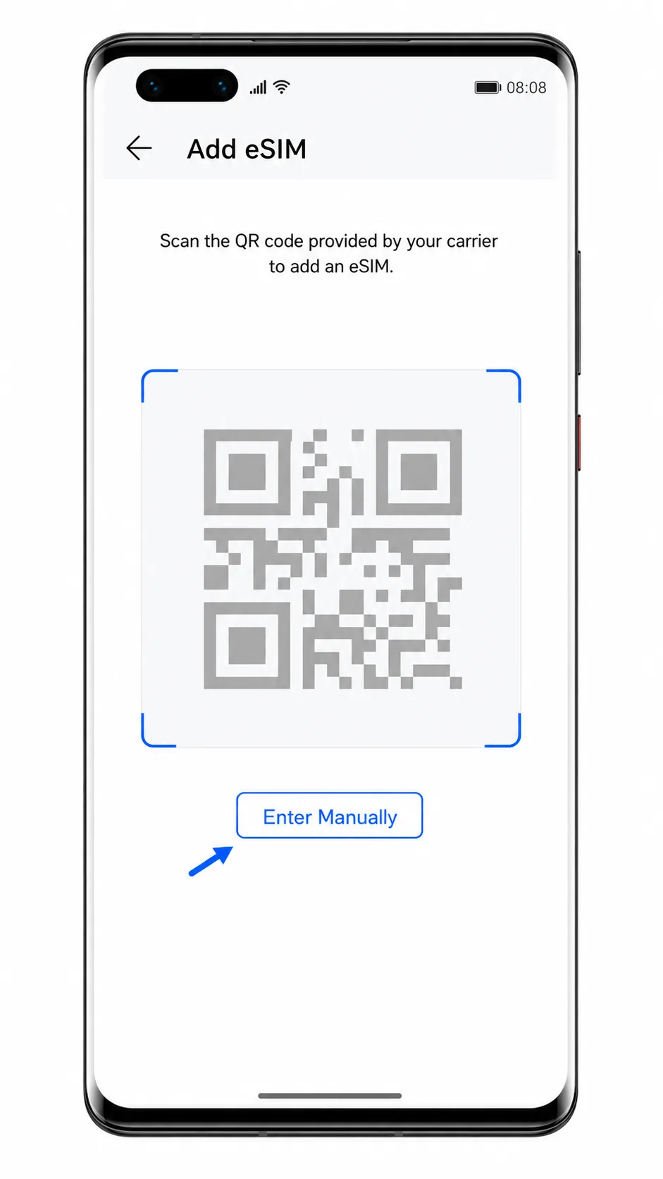 Huawei Mate 40 Pro Add eSIM screen with Enter Manually highlighted