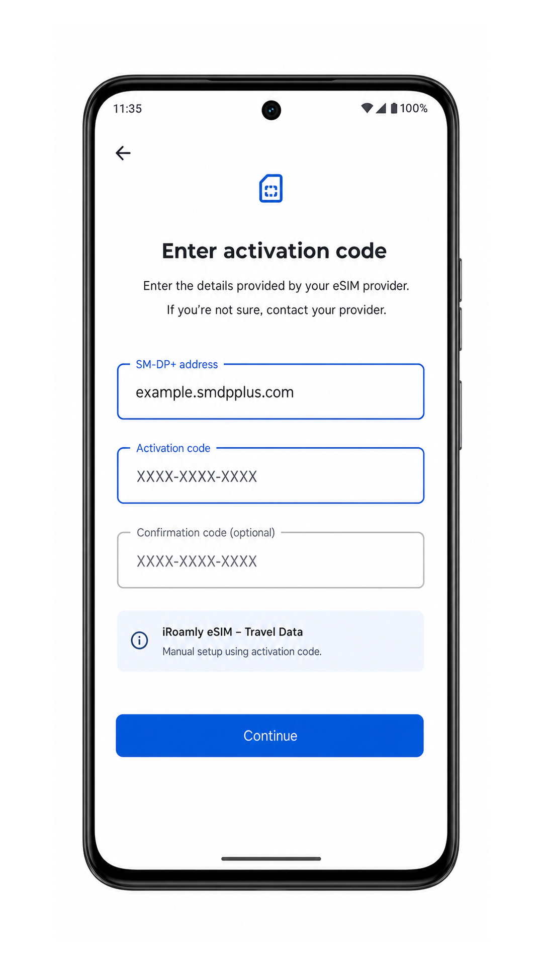 Moto G86 manual eSIM entry screen with SM-DP+ address and activation code fields highlighted