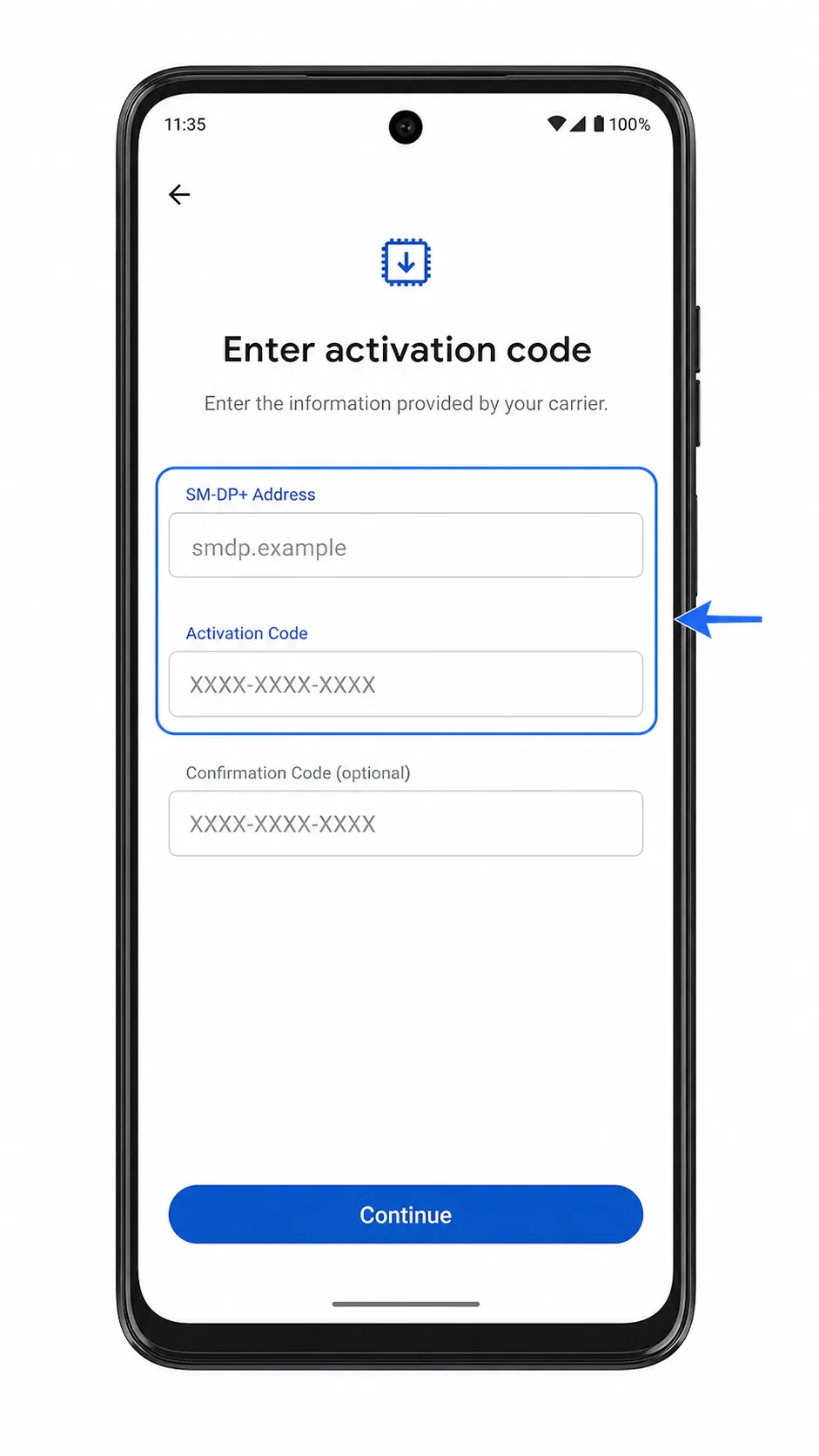 Moto G (2024) manual eSIM entry fields for SM-DP+ Address and Activation Code