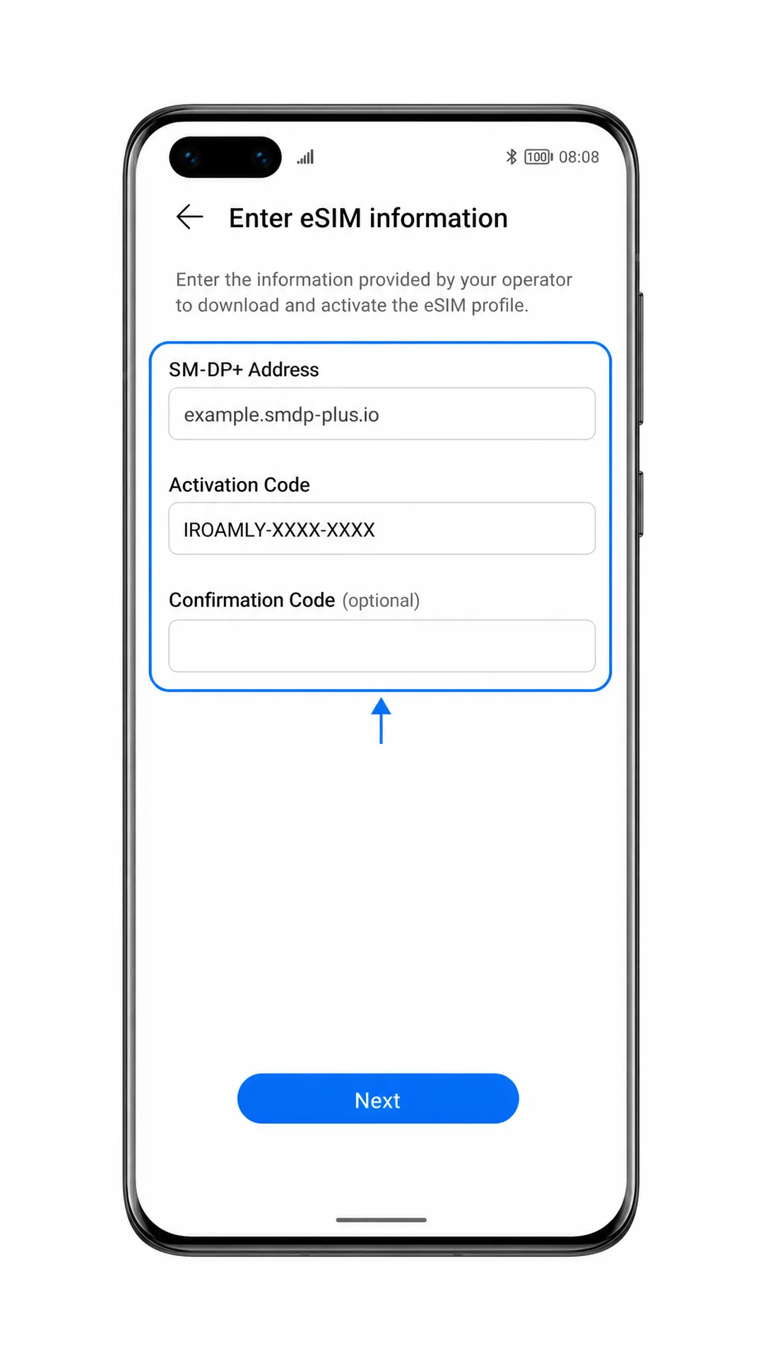 Huawei P40 Pro manual eSIM entry screen with SM-DP+ Address and Activation Code fields