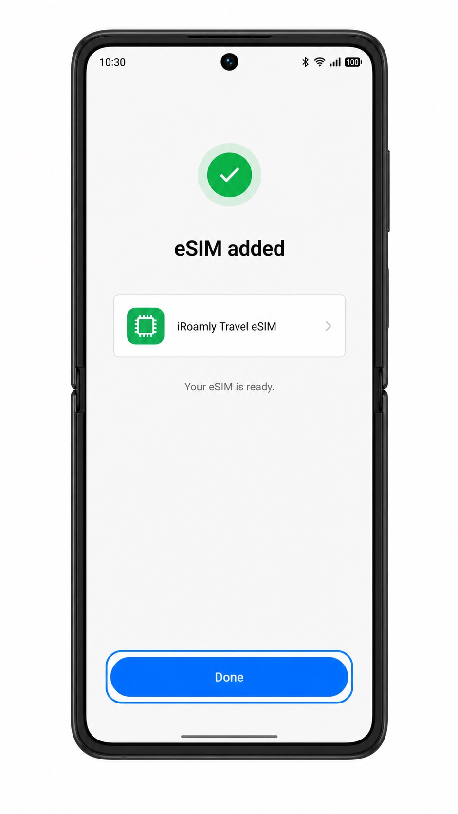 Oppo Find N2 Flip eSIM added screen showing Done highlighted